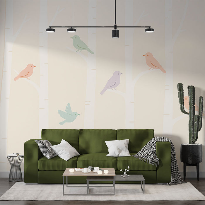 Un salon moderne avec un papier peint illustrant des oiseaux colorés sur des troncs d'arbres blancs, créant une atmosphère douce et joyeuse.