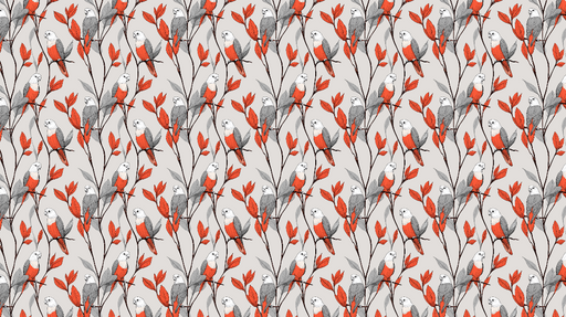 Papier peint oiseaux colorés Oiseaux sur fond gris entre des feuilles rouges et grises