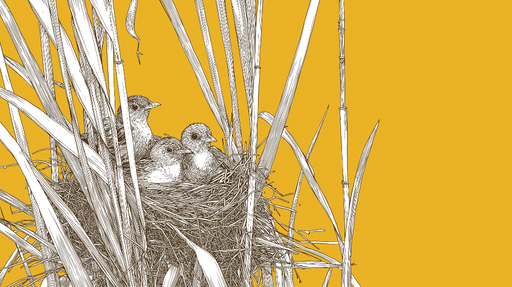 Papier peint oiseaux dans le nid Illustration délicate de poussins sur fond jaune