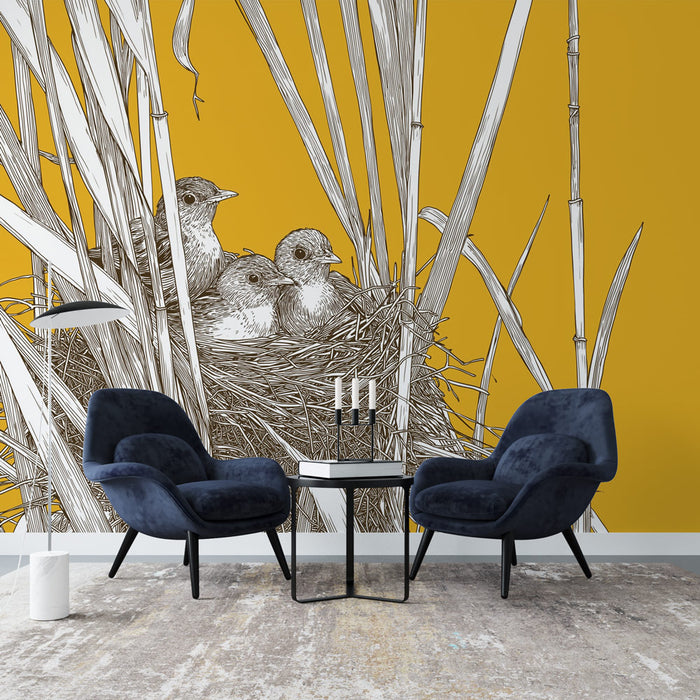 Une pièce moderne avec un papier peint illustrant un nid avec des oisillons sur fond jaune vif, créant une ambiance chaleureuse et accueillante.