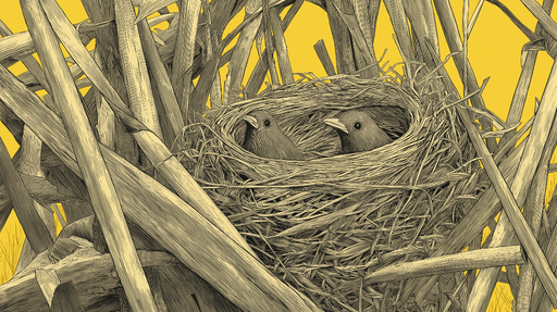Papier peint oiseaux dans un nid Deux oiseaux dans un nid entouré de brindilles sur fond jaune