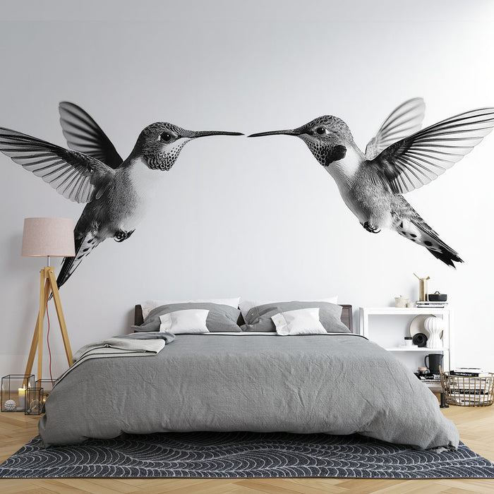 Papier peint colibris en vol sur fond blanc pour décoration de chambre moderne