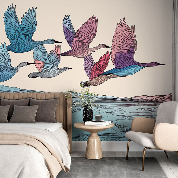 Une chambre moderne avec un papier peint illustrant des oiseaux en vol aux teintes pastel, créant une ambiance légère et poétique.
