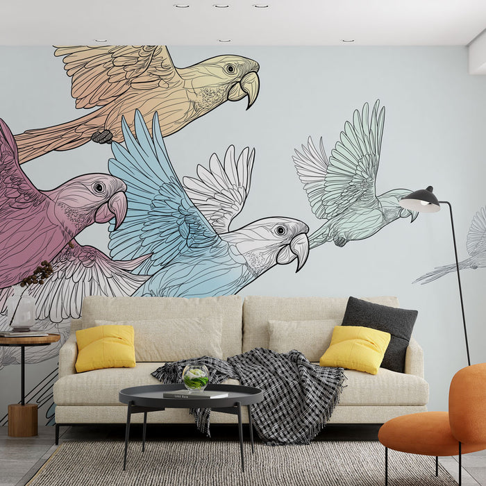 Un salon contemporain avec un papier peint représentant des perroquets colorés aux contours délicats, créant une ambiance vivante et dynamique.