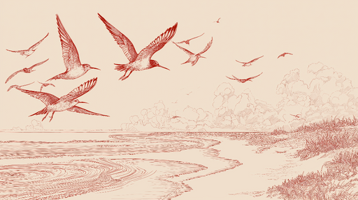 Papier peint oiseaux en vol Scène côtière délicate avec des oiseaux dessinés en rouge