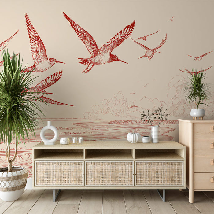 Une pièce élégante avec un papier peint représentant des oiseaux en vol dans des teintes rouges sur fond beige, créant une atmosphère apaisante et artistique.