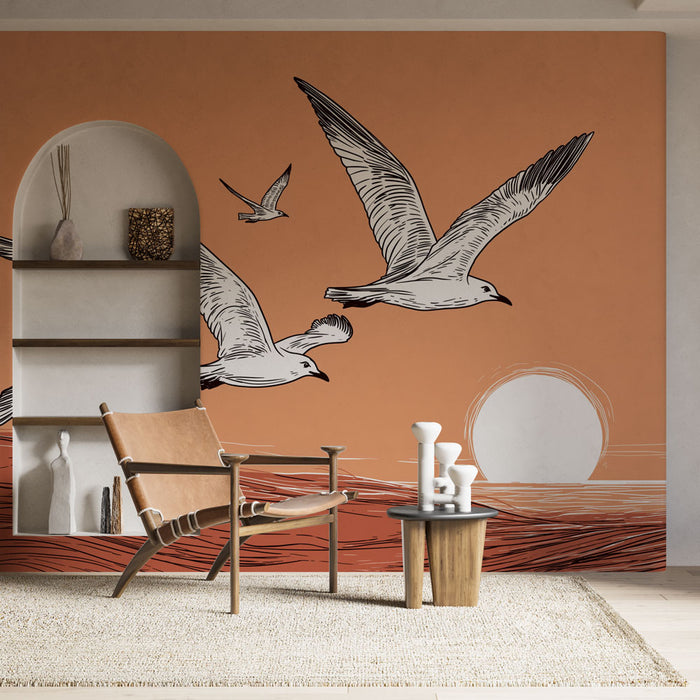 Une pièce lumineuse avec un papier peint terracotta illustrant des oiseaux en vol sur un fond de coucher de soleil, créant une atmosphère sereine et apaisante.