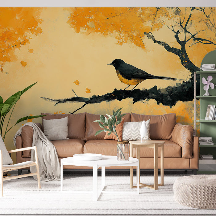Un salon contemporain avec un papier peint illustrant un oiseau sur une branche, entouré de feuillage aux teintes orangées, créant une ambiance chaleureuse et apaisante.