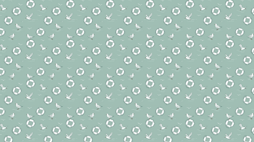 Papier peint oiseaux et bouées Motif ludique de mouettes et de bouées de sauvetage sur fond vert