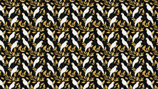 Papier peint oiseaux et feuillage Motif d'oiseaux blancs sur fond noir avec feuillage doré