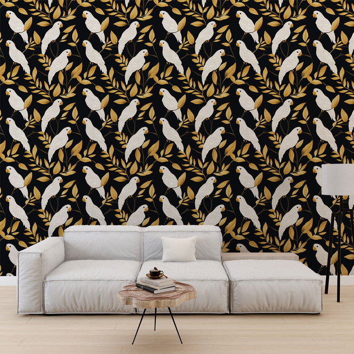 Un salon moderne avec un papier peint noir orné de motifs de perroquets blancs et de feuillages dorés, créant une ambiance à la fois élégante et exotique.