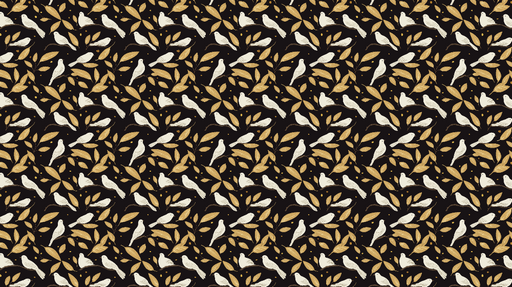 Papier peint oiseaux et feuillage Motif de colombes blanches et de feuilles dorées sur fond noir