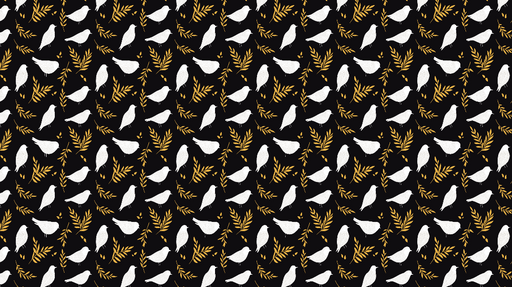Papier peint oiseaux et feuillage Motif de silhouettes blanches sur fond noir avec des feuilles dorées