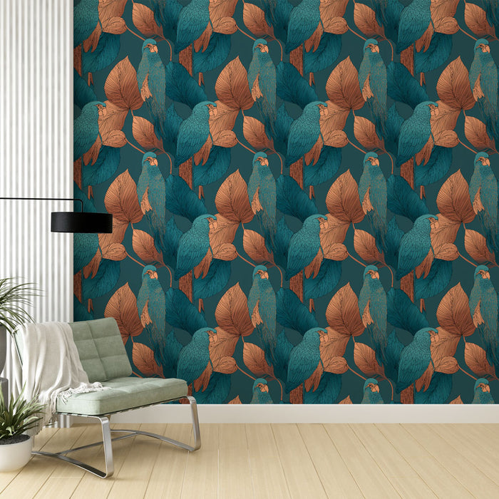 Une pièce moderne avec un papier peint tropical représentant des perroquets colorés et des feuilles dans des teintes turquoise et cuivrées, créant une ambiance vivante et exotique.