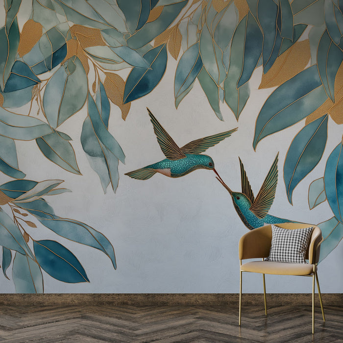 Une pièce moderne avec un papier peint représentant des oiseaux colorés et des feuilles turquoise, créant une atmosphère vivante et artistique.