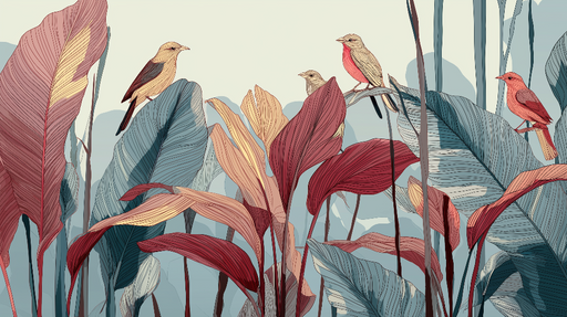 Papier peint oiseaux et feuillage Oiseaux colorés perchés parmi des feuilles stylisées