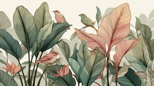 Papier peint oiseaux et feuillage Oiseaux colorés perchés sur de grandes feuilles luxuriantes