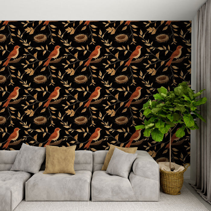 Un salon moderne avec un papier peint noir orné de motifs de oiseaux roux et de branches dorées, créant une ambiance chaleureuse et naturelle.
