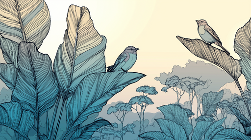 Papier peint oiseaux et feuillage Oiseaux sur de grandes feuilles aux nuances de bleu