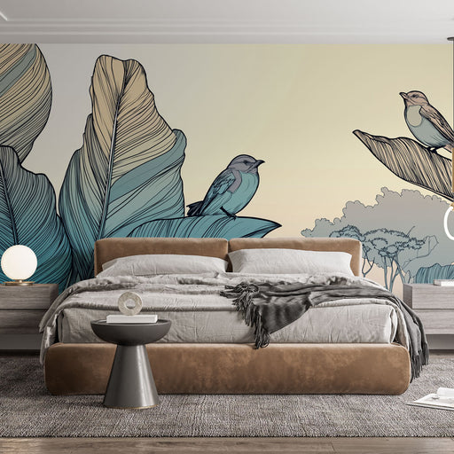 Une chambre moderne avec un papier peint illustrant de grandes feuilles stylisées et des oiseaux aux teintes douces, créant une ambiance apaisante et naturelle.