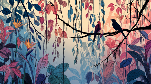 Papier peint oiseaux et feuillage Silhouettes d'oiseaux sur un fond floral coloré