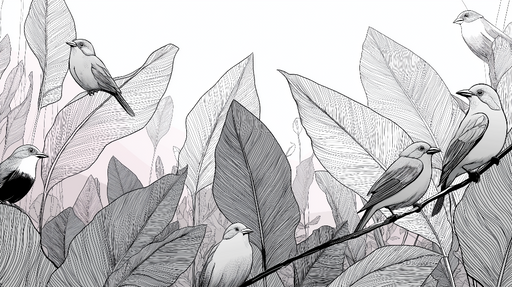 Papier peint oiseaux et feuillage Un design élégant de feuilles et d'oiseaux en noir et blanc