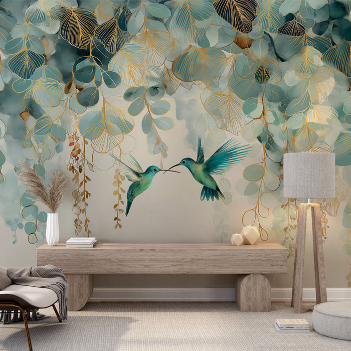 Une pièce moderne avec un papier peint tropical représentant des colibris délicats et des feuillages aquarelle dans des teintes vertes et dorées, créant une ambiance apaisante et vivante.