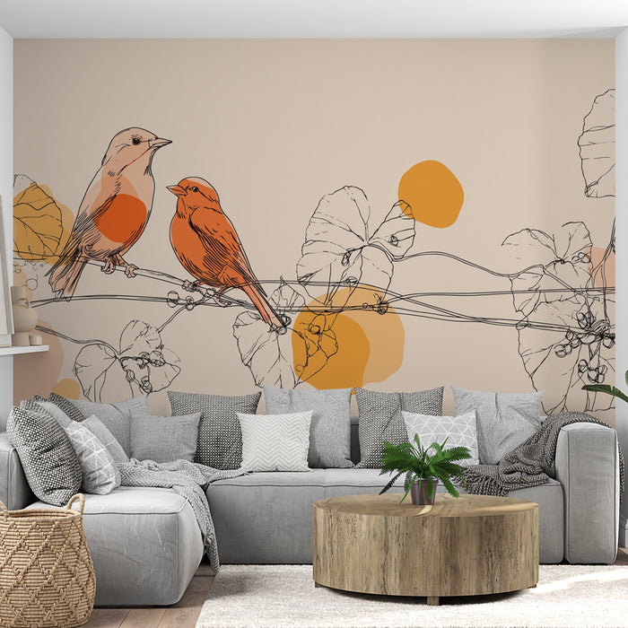 Un salon moderne avec un papier peint représentant des oiseaux stylisés aux teintes orangées sur un fond beige, créant une ambiance chaleureuse et accueillante.