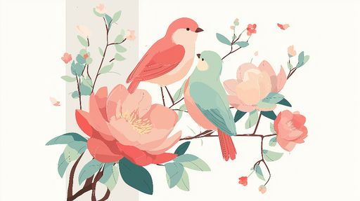 Papier peint oiseaux et fleurs Deux oiseaux colorés entourés de fleurs délicates sur une branche