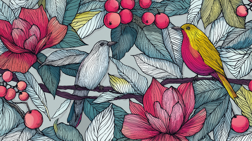 Papier peint oiseaux et fleurs Motif coloré avec des oiseaux et des fleurs de différentes teintes