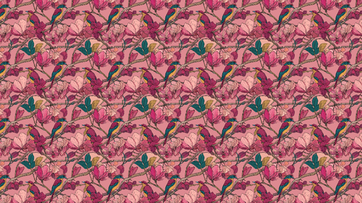 Papier peint oiseaux et fleurs Motif de fleurs roses et oiseaux colorés