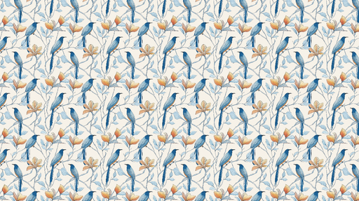 Papier peint oiseaux et fleurs Motif de jolis oiseaux bleus perchés sur des branches avec des feuilles dorées