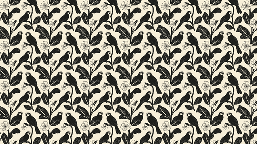 Papier peint oiseaux et fleurs Motif noir et crème avec des oiseaux sur des tiges florales