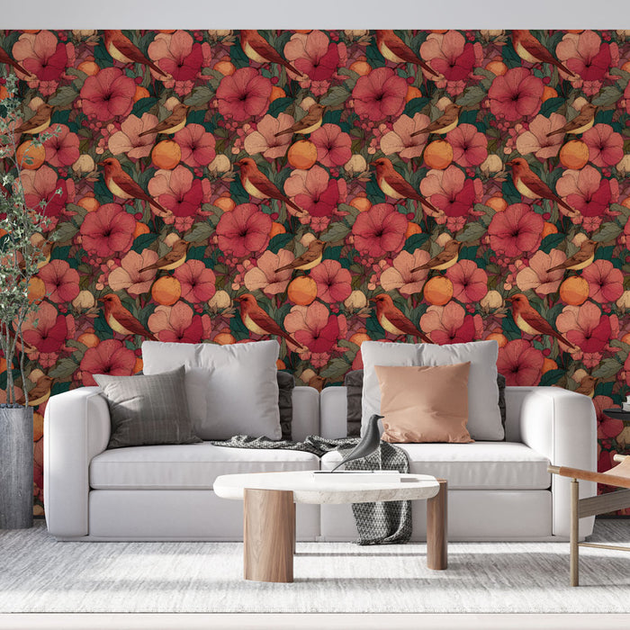 Un salon moderne avec un papier peint floral vibrant aux motifs de fleurs roses et d'oiseaux sur fond sombre, créant une ambiance chaleureuse et exotique.