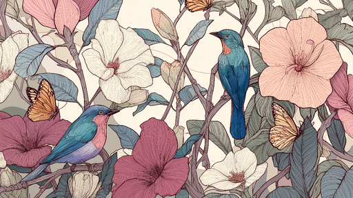 Papier peint oiseaux et fleurs Oiseaux colorés parmi des fleurs délicates et papillons