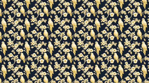 Papier peint oiseaux et fleurs Oiseaux dorés sur fond navy avec des fleurs délicates