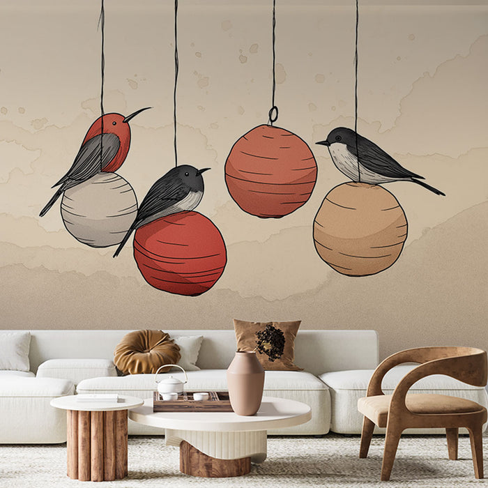 Un salon moderne avec un papier peint illustrant des oiseaux stylisés perchés sur des boules colorées, créant une ambiance ludique et chaleureuse.