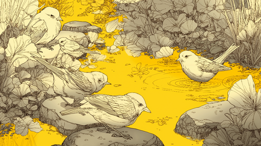 Papier peint oiseaux et nature Petits oiseaux autour d'un ruisseau doré