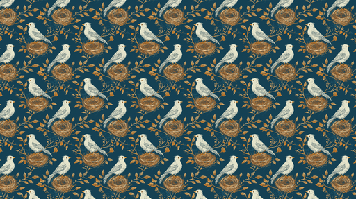 Papier peint oiseaux et nids Oiseaux sur un fond bleu nuit avec nids et feuilles dorées