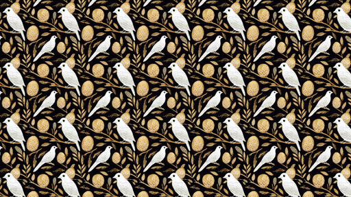 Papier peint oiseaux et œufs Motif d'oiseaux blancs entourés de feuilles et d'œufs dorés
