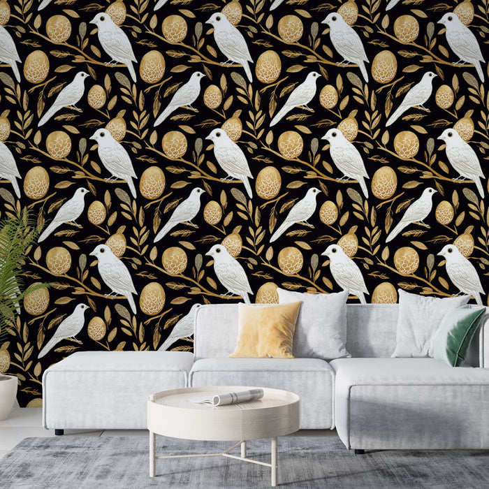 Un salon moderne avec un papier peint noir orné de motifs de oiseaux blancs et d'œufs dorés, créant une ambiance élégante et chaleureuse.