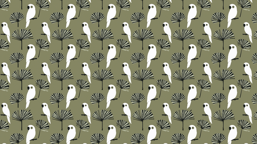 Papier peint oiseaux et palmiers Motifs d'oiseaux blancs et de feuilles de palmier sur fond olive