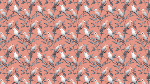 Papier peint oiseaux exotiques Motif artistique d'oiseaux sur fond corail