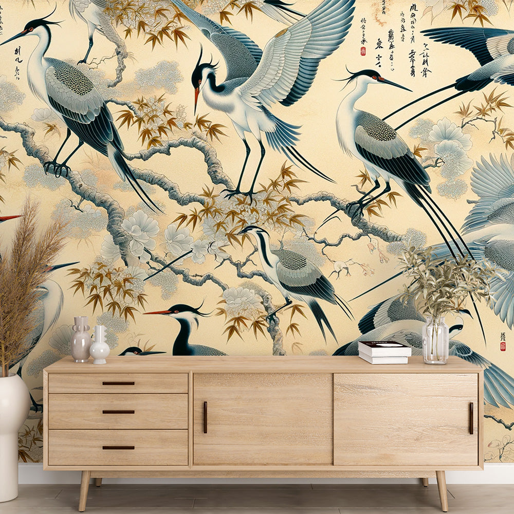 Papier peint oiseaux japonais | Grues et écritures japonaises