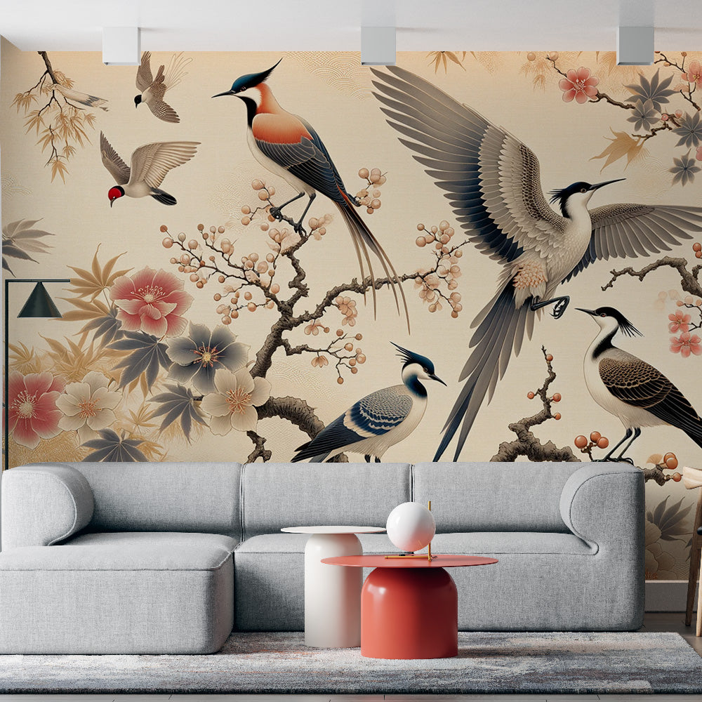 Papier peint oiseaux japonais | Grues et fleurs