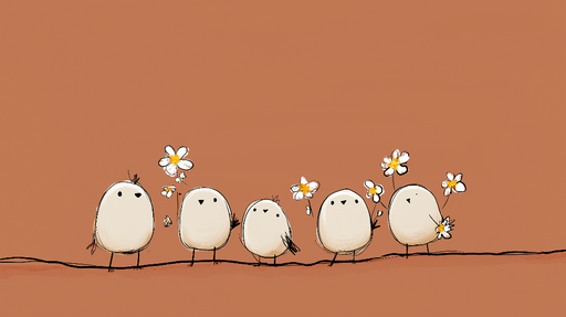 Papier peint oiseaux joyeux Oiseaux mignons avec des fleurs sur fond orange