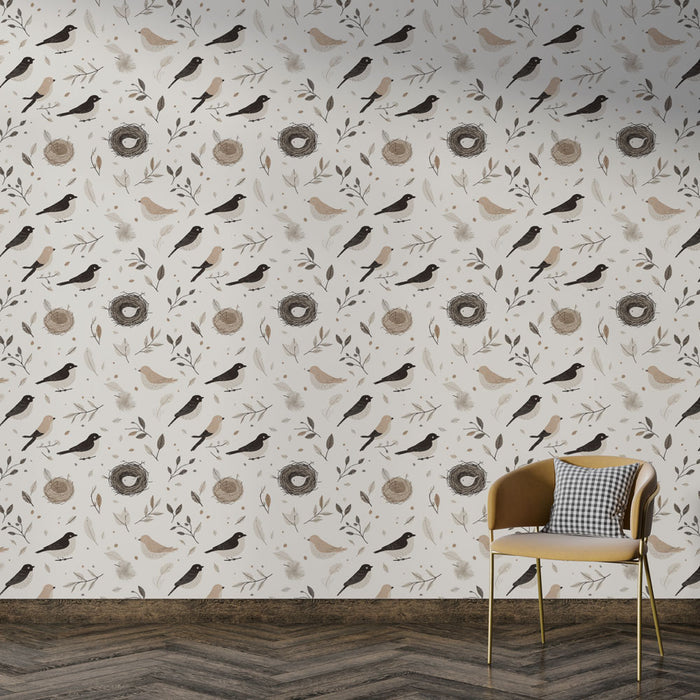 Une pièce moderne avec un papier peint floral représentant des oiseaux et des nids sur fond clair, créant une ambiance douce et naturelle.