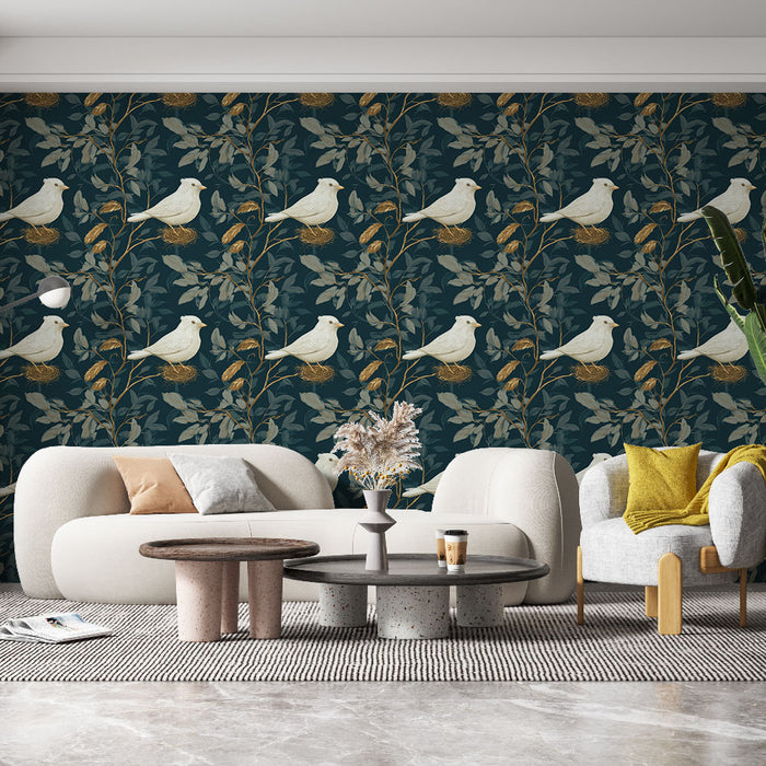 Un salon moderne avec un papier peint floral bleu nuit illustrant des oiseaux blancs et des feuillages dorés, créant une ambiance chaleureuse et apaisante.