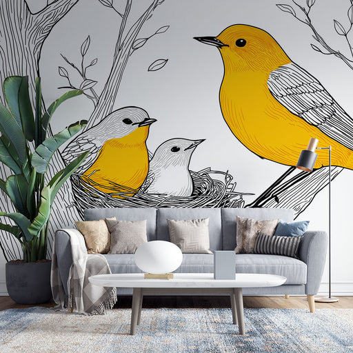 Un salon moderne avec un papier peint illustratif représentant des oiseaux colorés sur fond clair, créant une ambiance chaleureuse et accueillante.