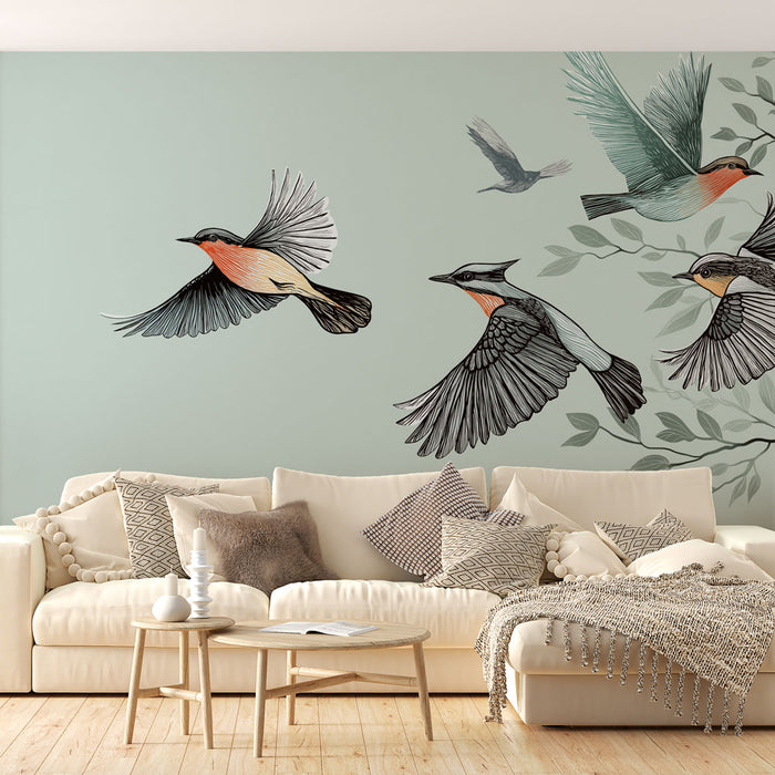 Un salon lumineux avec un papier peint représentant des oiseaux colorés en vol sur un fond vert doux, créant une ambiance naturelle et apaisante.